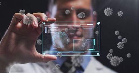 Doctor Examining Digital Interface Amid COVID-19 Virus Illustration