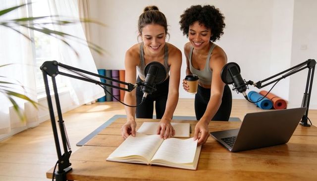 Two athletic women co-hosting fitness podcast collaborating, pointing at notebook in studio