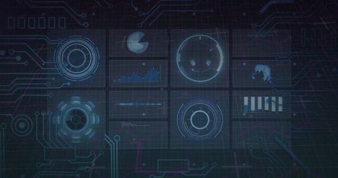 Futuristic holographic digital interface with neon circuit traces