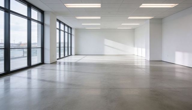 Empty modern commercial interior with polished concrete floor and floor-to-ceiling windows