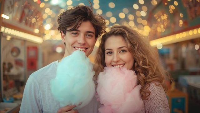 Happy teens enjoying cotton candy at night carnival celebration