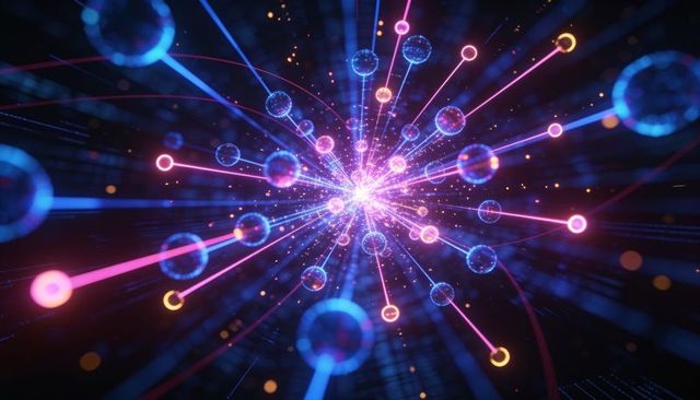 Radiating neon data core sending cyan and pink beams through futuristic digital network