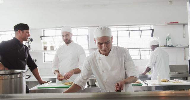 Group of chefs dressed in white uniforms preparing food in a modern, well-equipped commercial kitchen. Perfect for illustrating teamwork in a culinary environment, professional cooking, restaurant advertisements, and food service training materials.