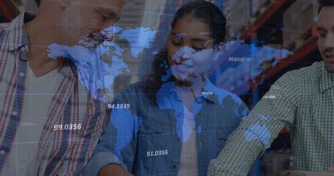 Global Logistics Team Analyzing Digital World Map in Warehouse