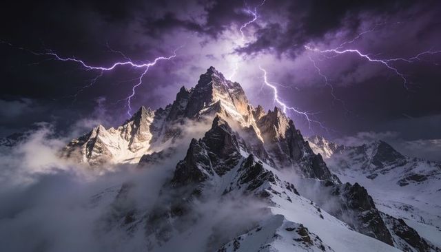 Jagged alpine summit being struck by purple lightning over snowy ridges
