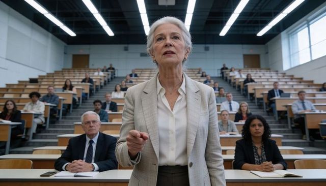 Senior female professor speaking and pointing to audience in modern university lecture hall