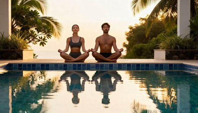 Couple meditating by pool at sunset in tropical resort for yoga and mindfulness retreats