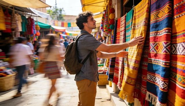 Young traveler exploring colorful handwoven rugs at sunlit outdoor market
