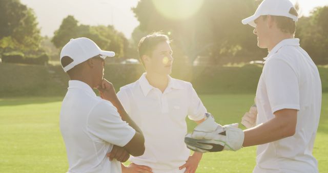 Three Cricketers Discussing Game Strategy Outdoors - Download Free Stock Images Pikwizard.com