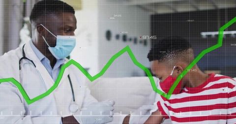Black doctor administering vaccine to boy with rising green data graph showing progress