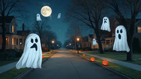 Whimsical Ghosts Floating through Moonlit Suburb