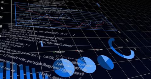 3D Data Dashboard Displaying Blue Line Charts, Pie and Donut Graphs on Wireframe Grid