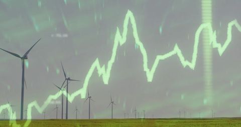 Wind farm powering market growth concept with neon green financial chart overlay