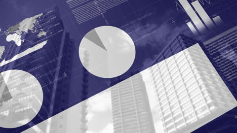 Digital Statistics Overlay Above Urban Buildings