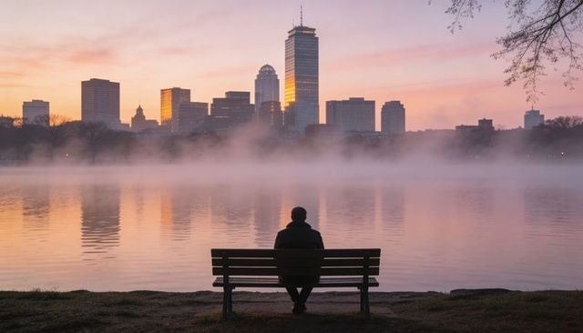 Solitary figure sitting on bench watching misty urban skyline at pastel sunrise over lake