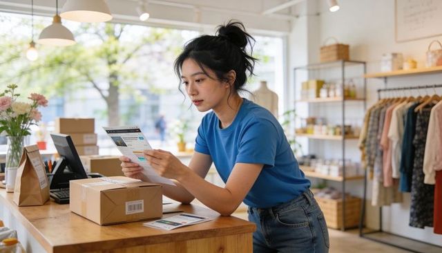 Boutique owner checking packing slip while preparing online order at sunny retail counter
