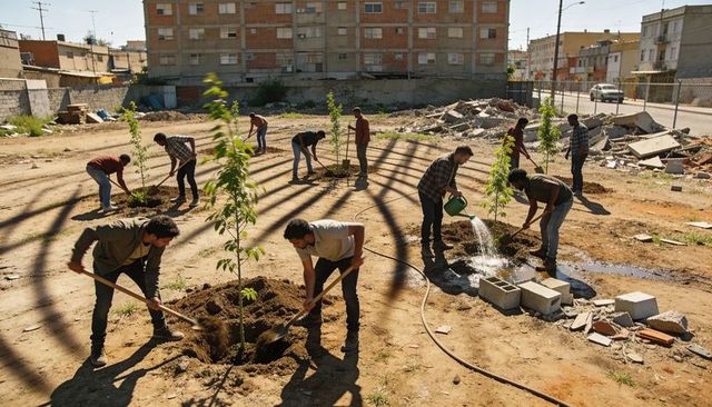 Volunteers planting trees in urban vacant lot, community greening and neighborhood renewal