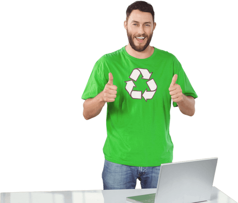 Man wearing recycling t-shirt giving thumbs up with transparent background