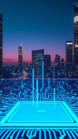 Vertical tech video showing neon circuit rising from microchip toward dusk city skyline