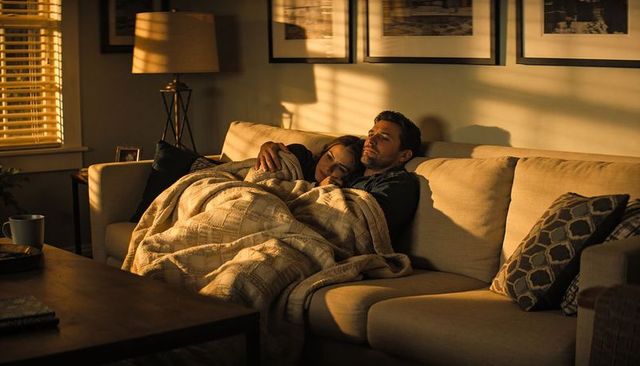 Couple cuddling on sofa at golden hour wrapped in quilted throw cozy living room evening