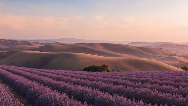 Lavender Fields and Rolling Hills at Serene Sunset