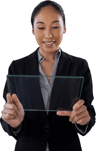 Businesswoman Holding Transparent Glass Interface in Office Attire - Download Free Stock Videos Pikwizard.com
