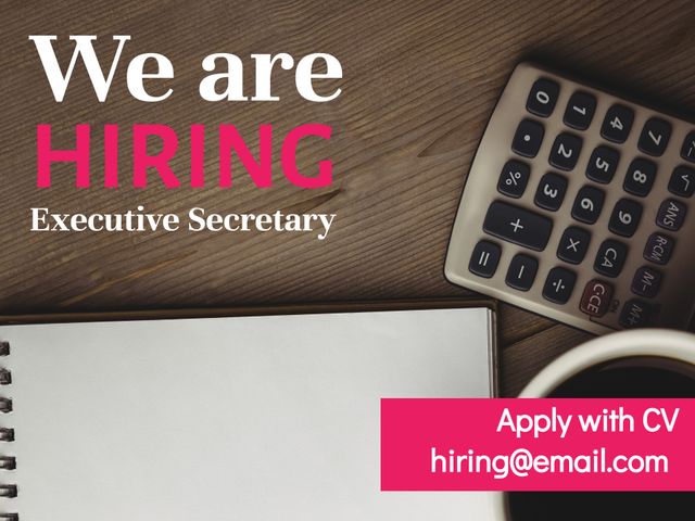 Ideal for businesses and organizations seeking to advertise an open position for an executive secretary. Visually appealing with the inclusion of a notepad and calculator, it is perfect for job ads both online and in print. Helps attract potential candidates with a professional touch.