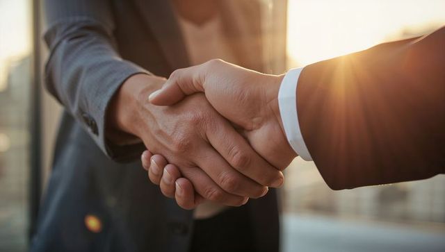 Rooftop executives shaking hands with sun flare closing deal and building partnership