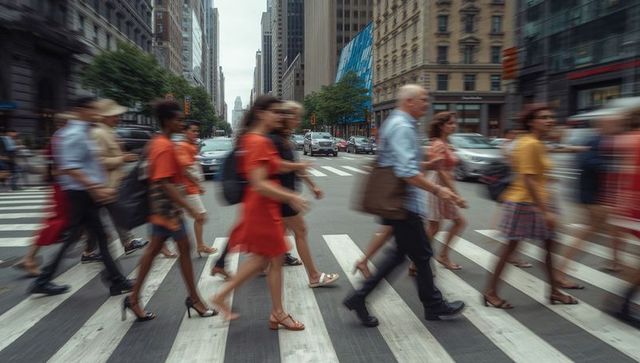 Commuters crossing busy downtown crosswalk, pedestrians walking in motion blur