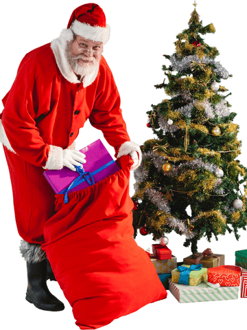 Transparent Santa Claus Packing Gifts in Bag Beside Decorated Christmas Tree