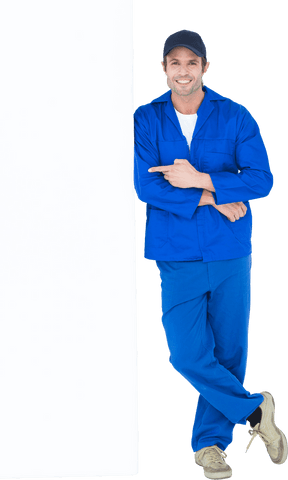 Confident Mechanic Points at Transparent Blank Sign Board