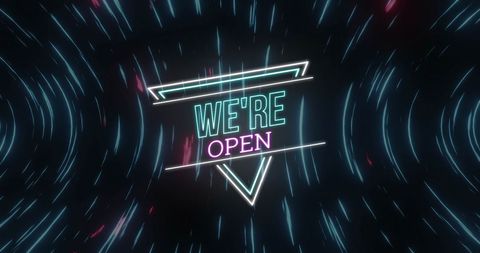 Open sign with neon text and vibrant light trails