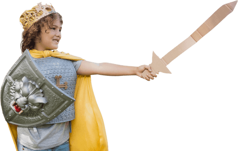 Joyful boy wearing viking costume transparent