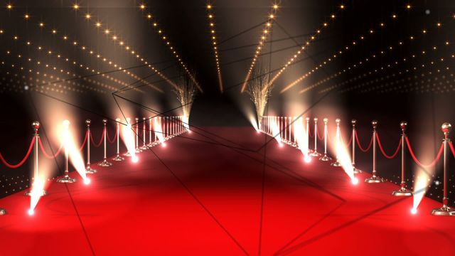 This richly lit scene features a red carpet adorned with bright spotlights, guiding a path outlined by elegant velvet ropes and geometric shapes. Ideal for use in promotional materials for award shows, celebrity events, glamorous social gatherings, or any content highlighting luxury and exclusivity.