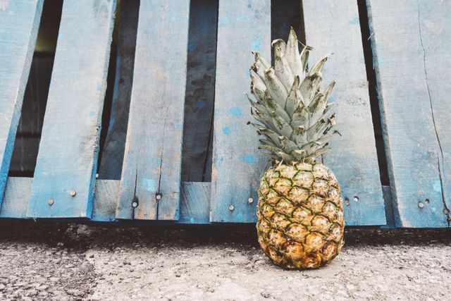 This image features a fresh pineapple leaning against a blue wooden pallet outdoors, resting on a concrete surface. Ideal for use in advertisements for tropical fruits, healthy eating campaigns, agriculture, food blogs, lifestyle magazines, and summer-themed promotions.