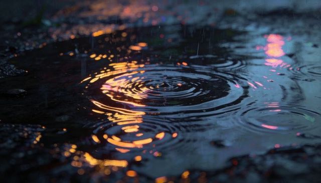 Neon Ripples Dancing on Rainy Pavement at Night, Raindrops Forming Circular Waves