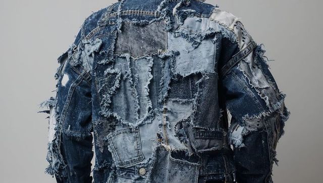 Frayed patchwork denim jacket backview showing distressed paneled texture metal button