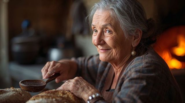 Elderly woman baking bread by hearth in rustic farmhouse kitchen, smiling