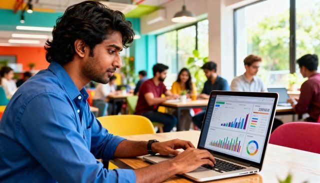 Working indian man analyzing business analytics on laptop in vibrant coworking cafe
