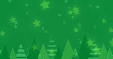 Stars and Snowfall Over Fir Trees on Green Background
