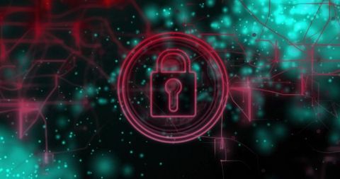 Neon padlock guarding virtual network, cyberpunk encryption rings and glowing node grid