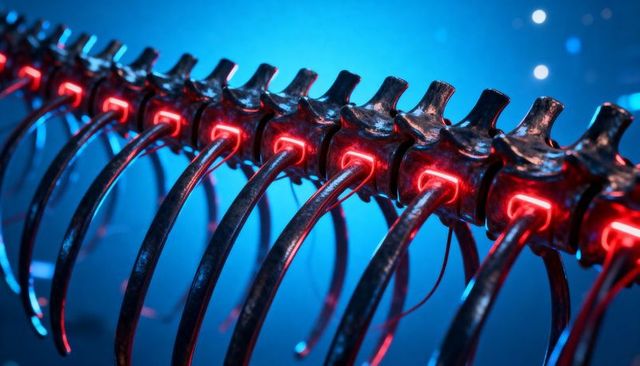 Cybernetic spine assembly glowing red vertebrae with metallic rings and wiring neon detail
