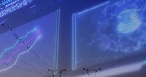 Neon holographic smart grid over high-voltage transmission towers at dusk with analytics overlay