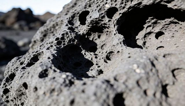 Vesicular basalt close-up showing porous cavities, rounded pits and rugged volcanic texture