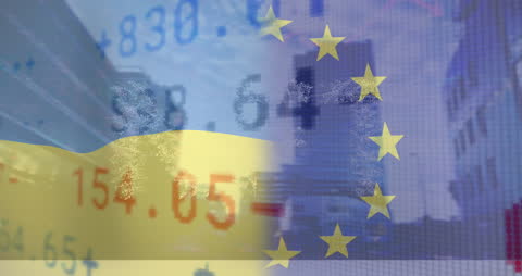 Animated Blend of Ukraine and EU Flags Over Stock Market