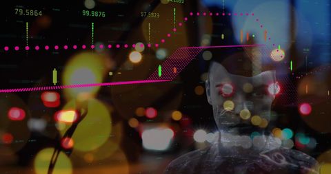Futuristic technology overlay on cityscape with digital data graphics
