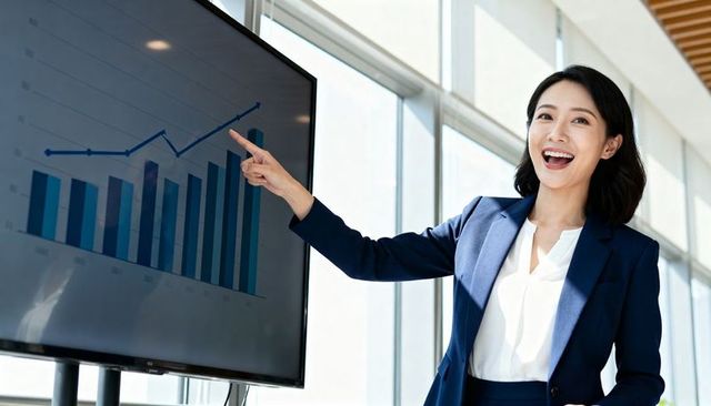 Asian businesswoman presenting rising sales chart, pointing at screen, confident smile