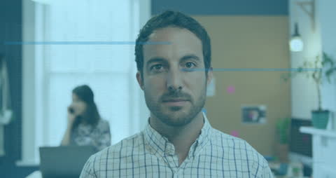 Caucasian Businessman in Modern Office with Digital Concept Overlay