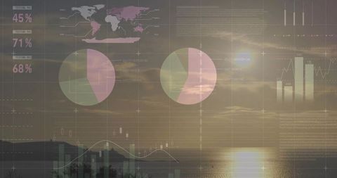 Digital Analytics Overlapping Serene Coastal Sunset for Tech Inspiration