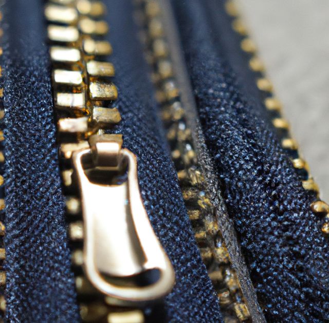 Image of close up of gold zipper and fabric background. Clothing, sewing and tailoring concept.